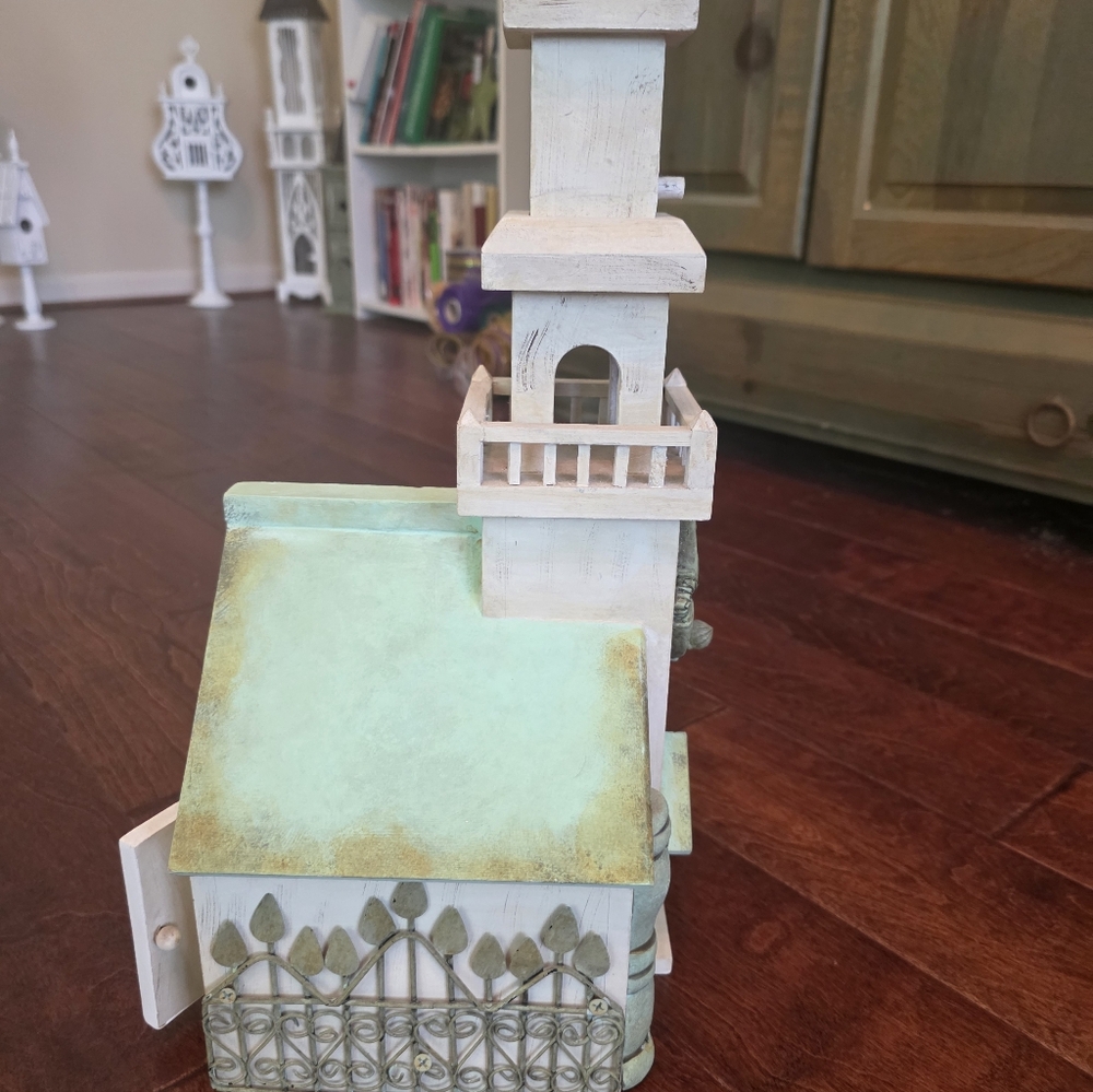 Decorative White and  Sage Green Wooden Birdhouse Accent. Wood And Tall - Picture 3 of 5